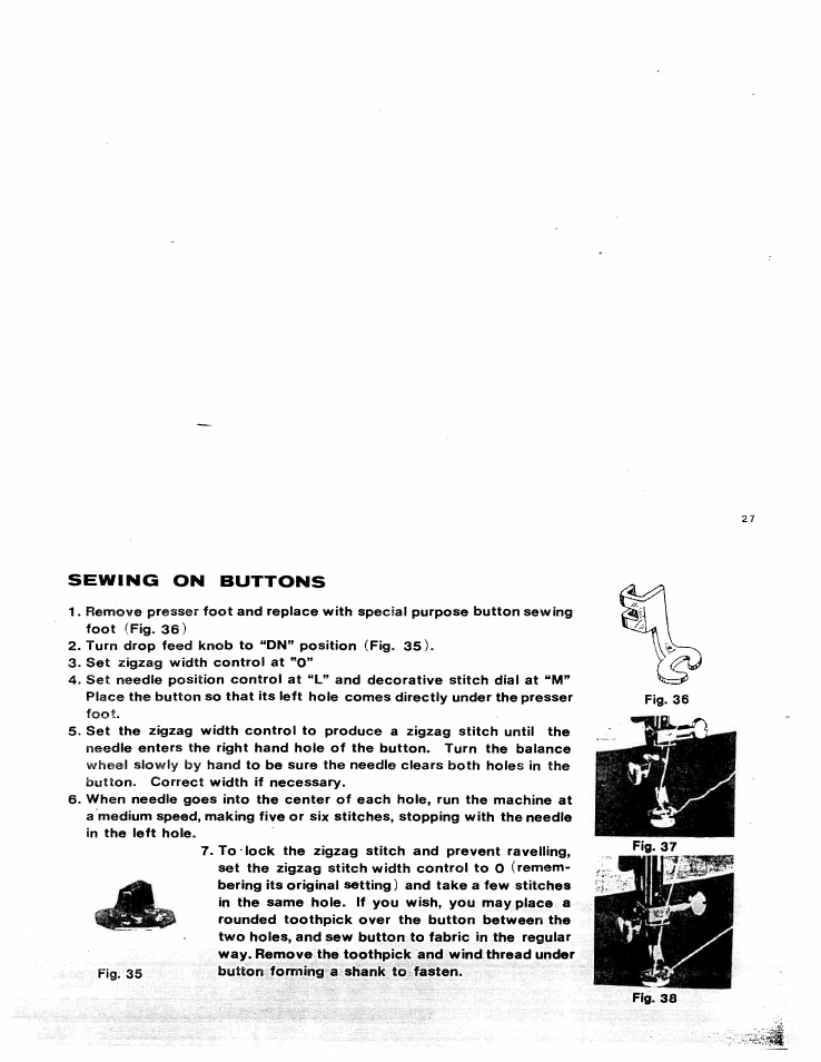 Sewing on buttons, Sewif>g on buttons | SINGER W816 User Manual | Page 28 / 58