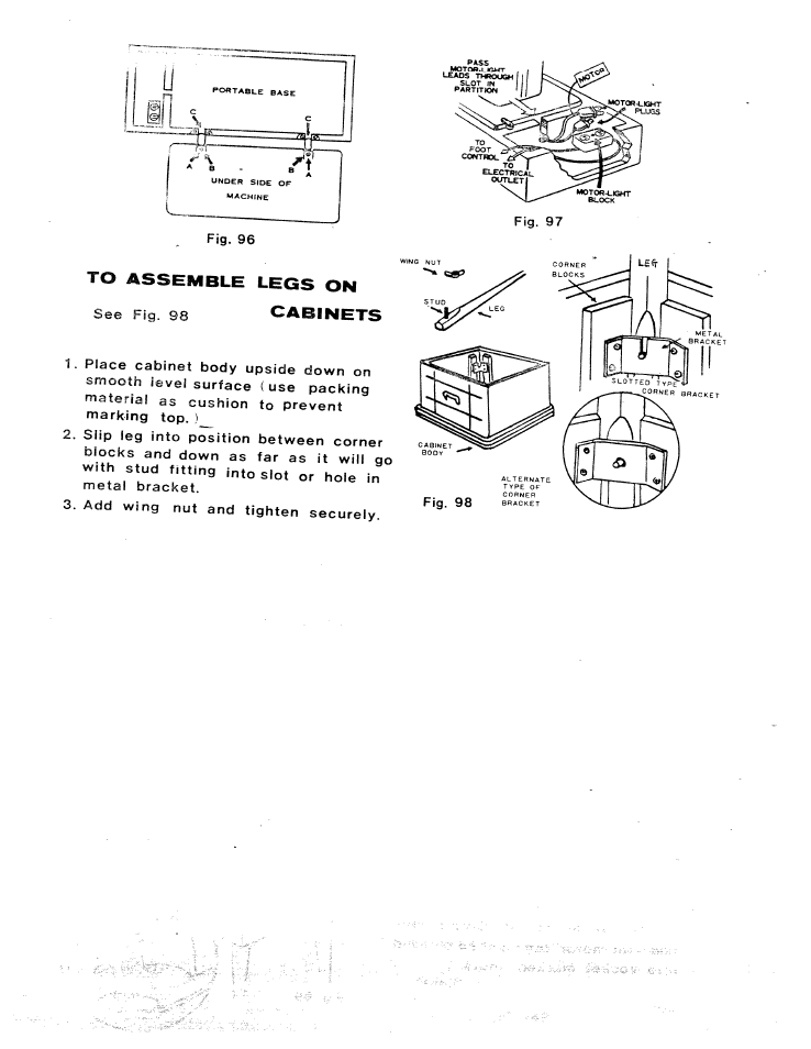 To assemble legs on, Assemble legs on, Cabinets | SINGER W816 User Manual | Page 56 / 58