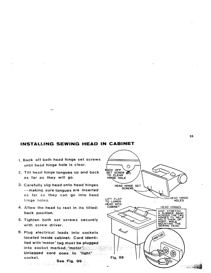 Installing sewing head in cabinet, Talli^ sewing head, Ni cabmet | SINGER W816 User Manual | Page 57 / 58