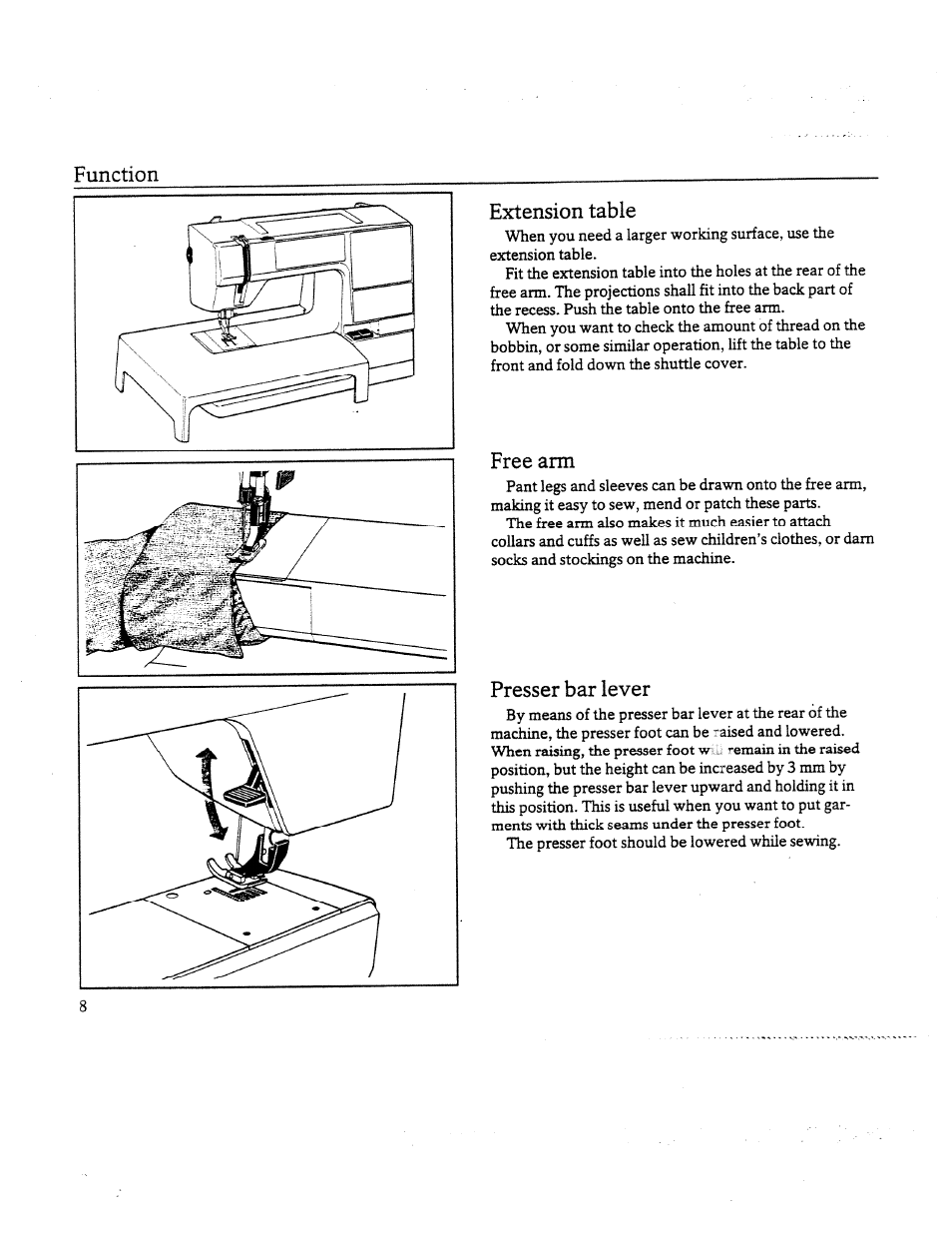 Extension table, Free arm, Presser bar lever | Function | SINGER W8910 User Manual | Page 10 / 61