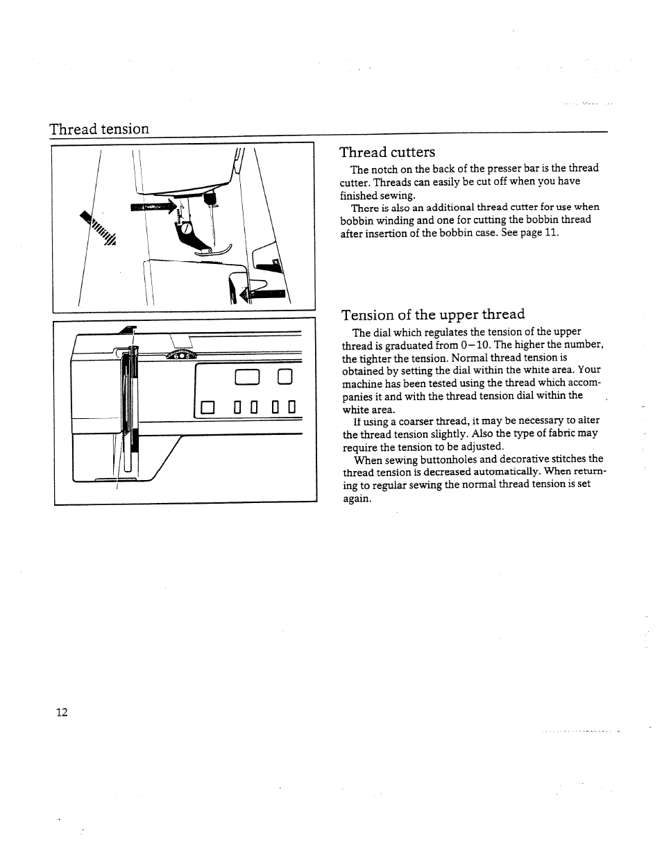 Thread cutters, Tension of the upper thread, Thread tension | SINGER W8910 User Manual | Page 14 / 61