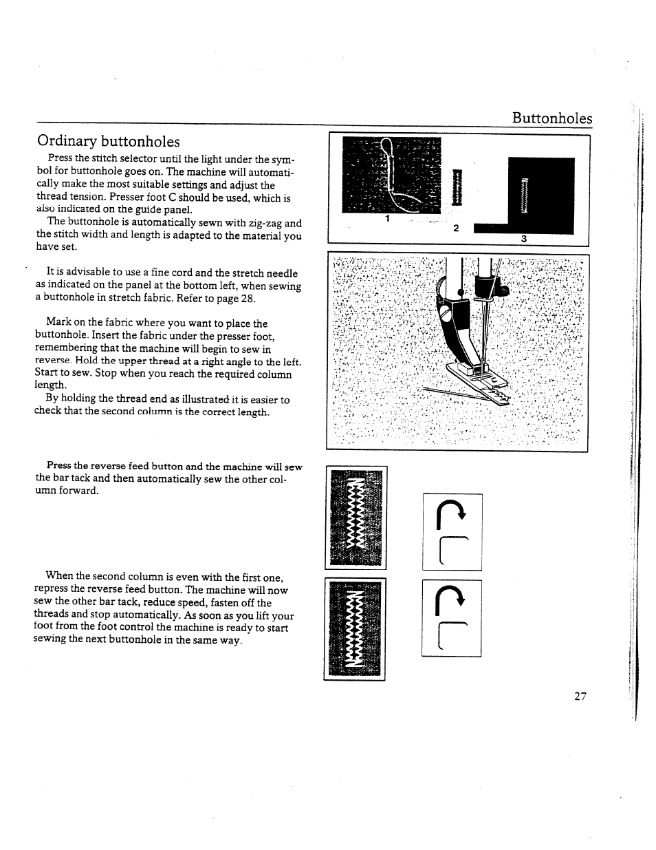 Ordinary buttonholes, Buttonholes | SINGER W8910 User Manual | Page 29 / 61