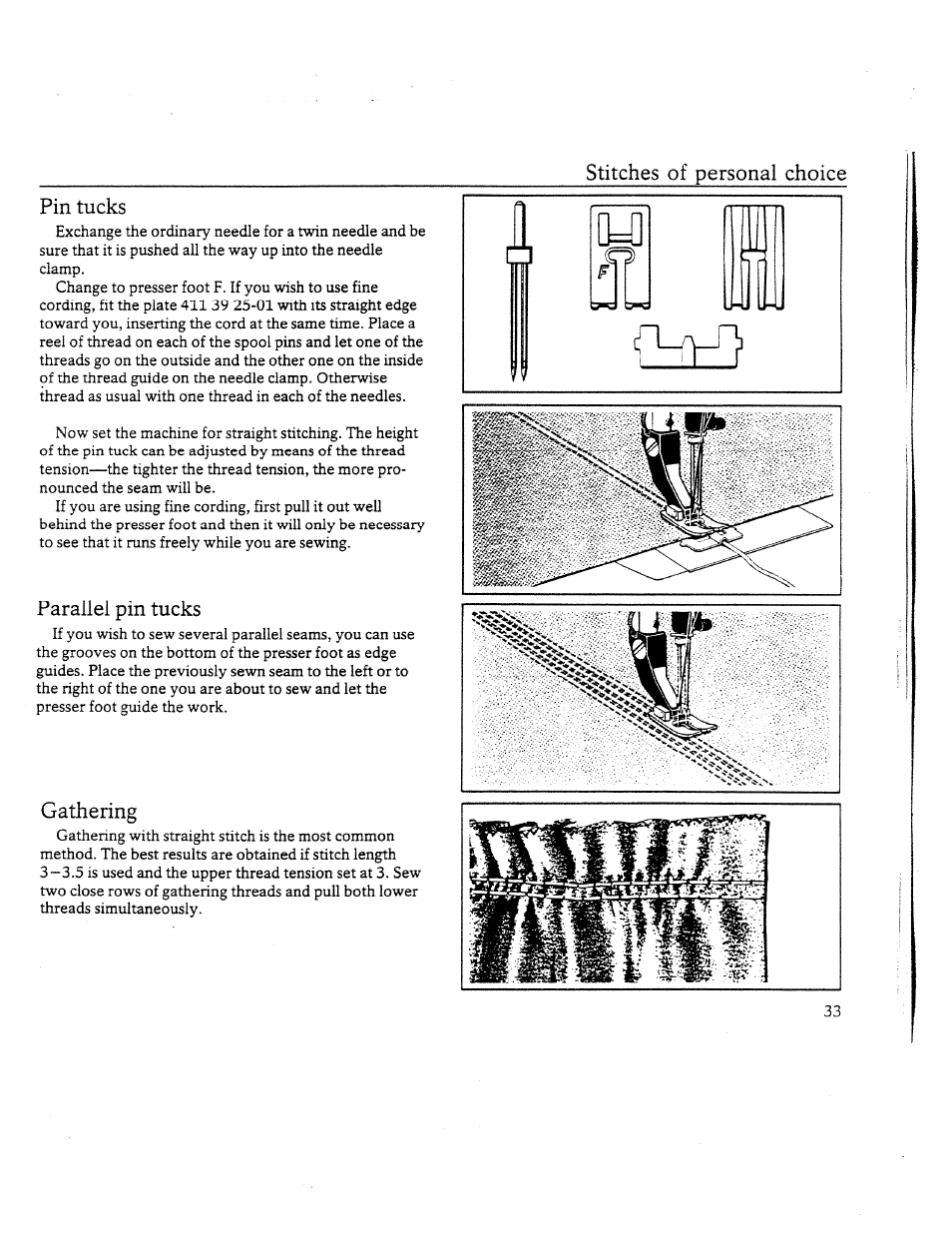 Pin tucks, Parallel pin tucks, Gathering | Stitches of personal choice | SINGER W8910 User Manual | Page 35 / 61