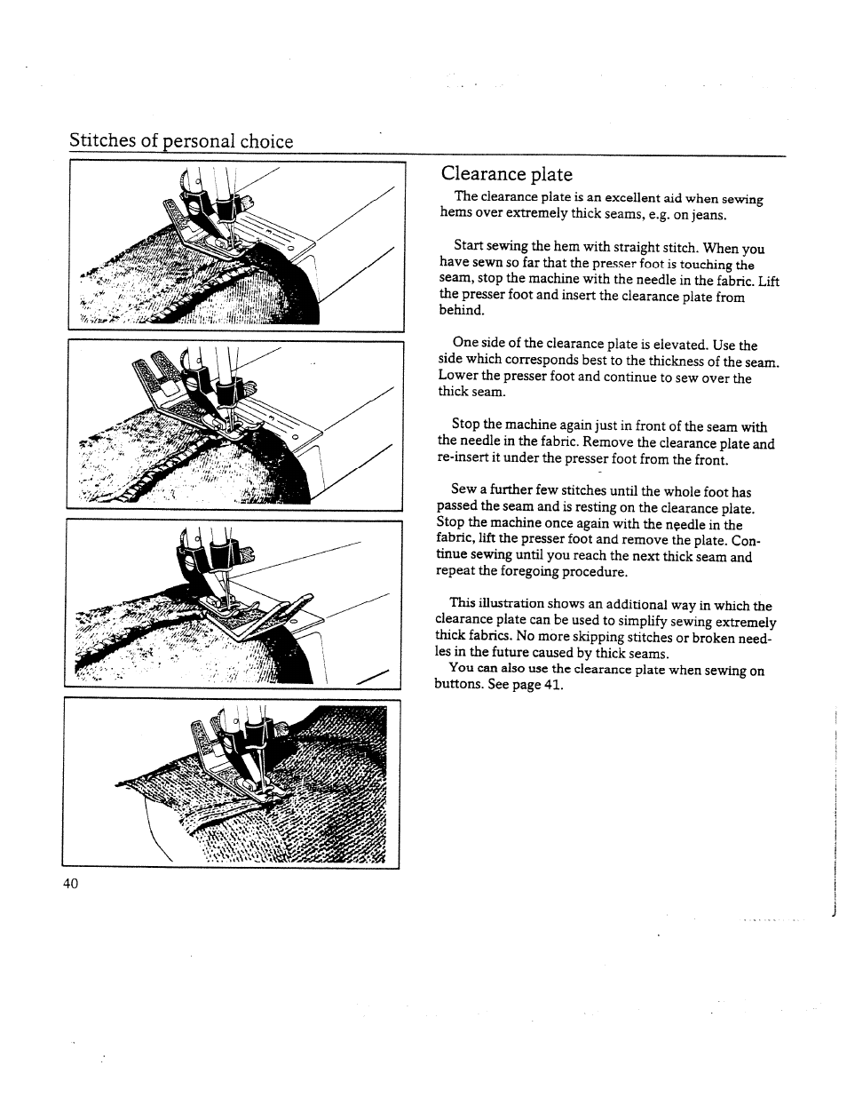 Clearance plate, Stitches of personal choice | SINGER W8910 User Manual | Page 42 / 61