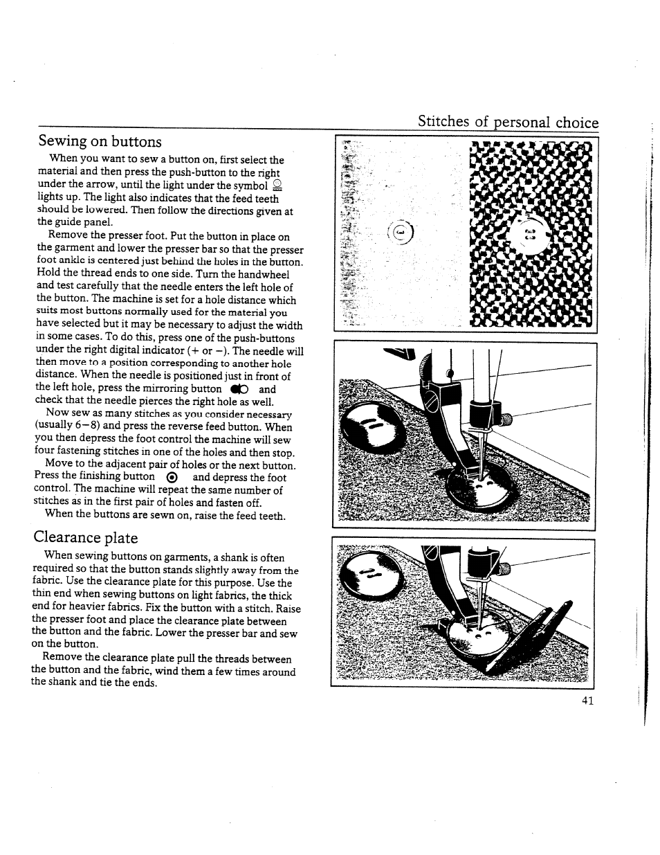 Sewing on buttons, Clearance plate, Stitches of personal choice | SINGER W8910 User Manual | Page 43 / 61