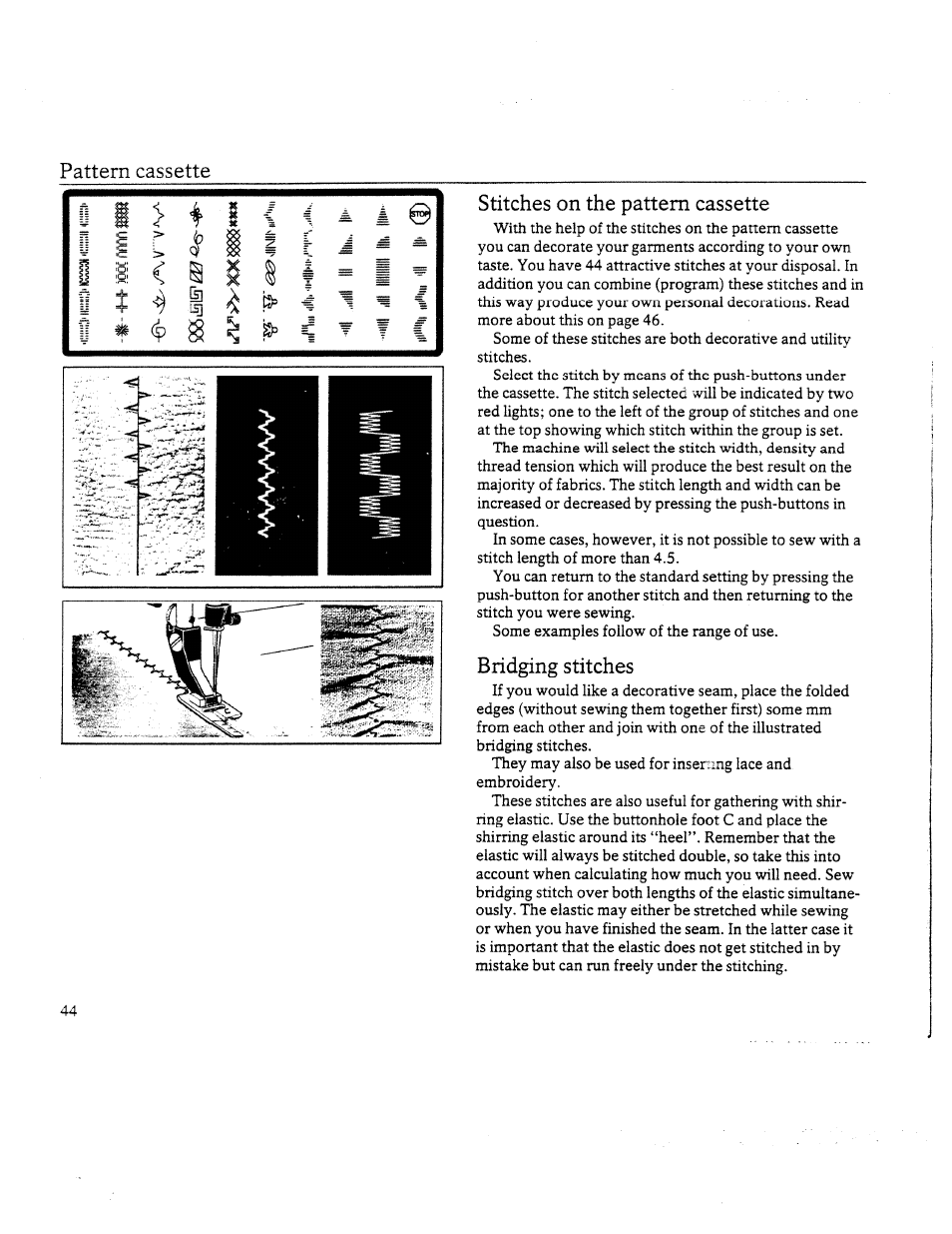 Stitches on the pattern cassette, Bridging stitches, S ^ i | Pattern cassette | SINGER W8910 User Manual | Page 46 / 61