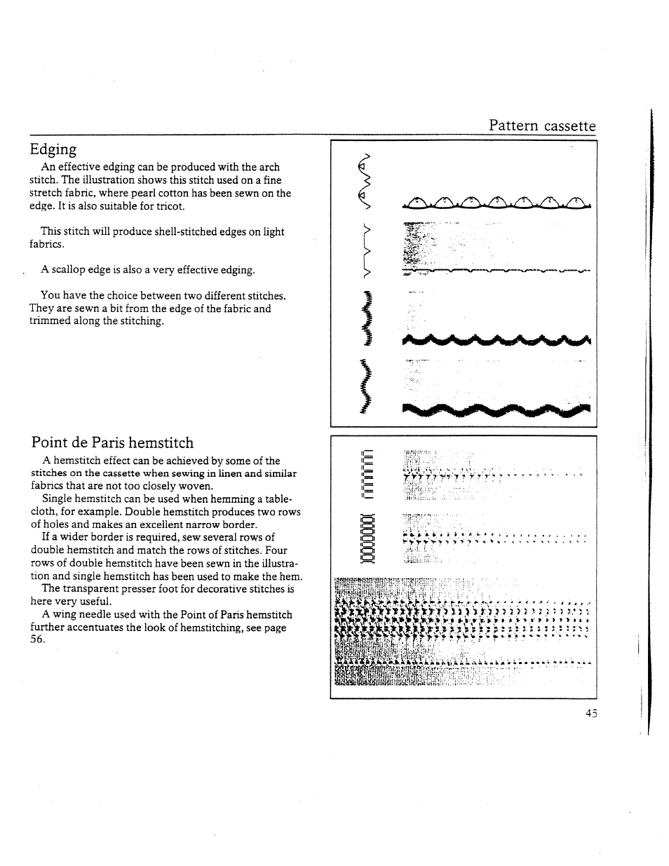 Edging, Point de paris hemstitch, Pattern cassette | SINGER W8910 User Manual | Page 47 / 61