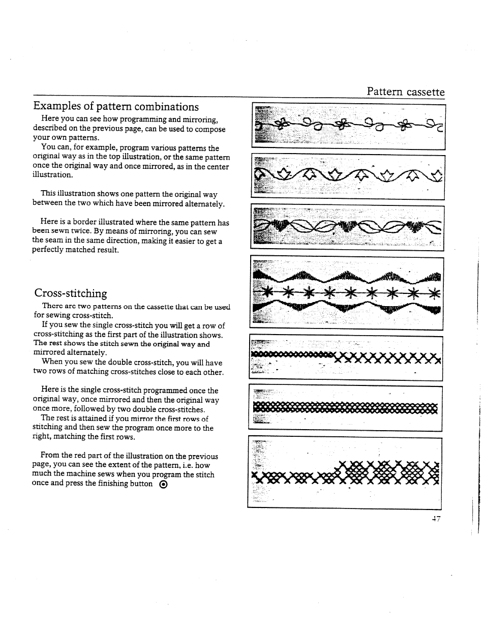 Examples of pattern combinations, Cross-stitching, Pattem cassette | SINGER W8910 User Manual | Page 49 / 61