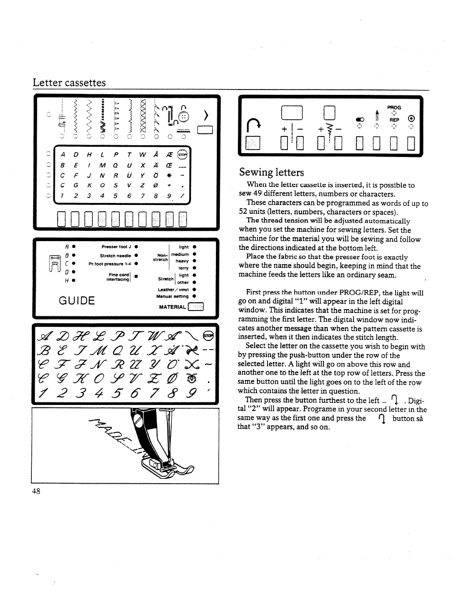 Sewing letters, Js ^ o y, O yt y | Letter cassettes, Gu de | SINGER W8910 User Manual | Page 50 / 61