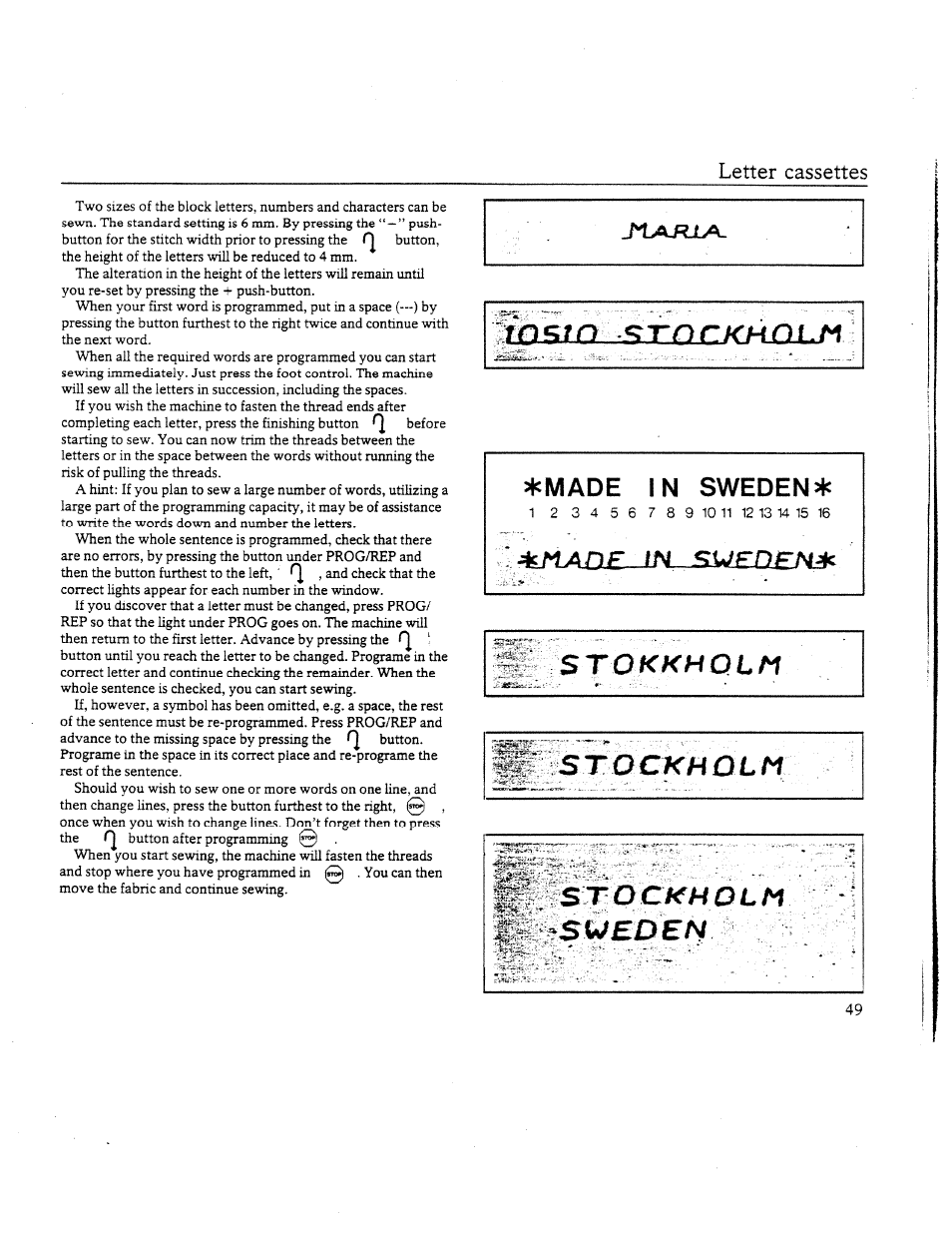 Stockholm, Jr st o ckh olm, Su/eden | Made in sweden, Jr st, Letter cassettes | SINGER W8910 User Manual | Page 51 / 61