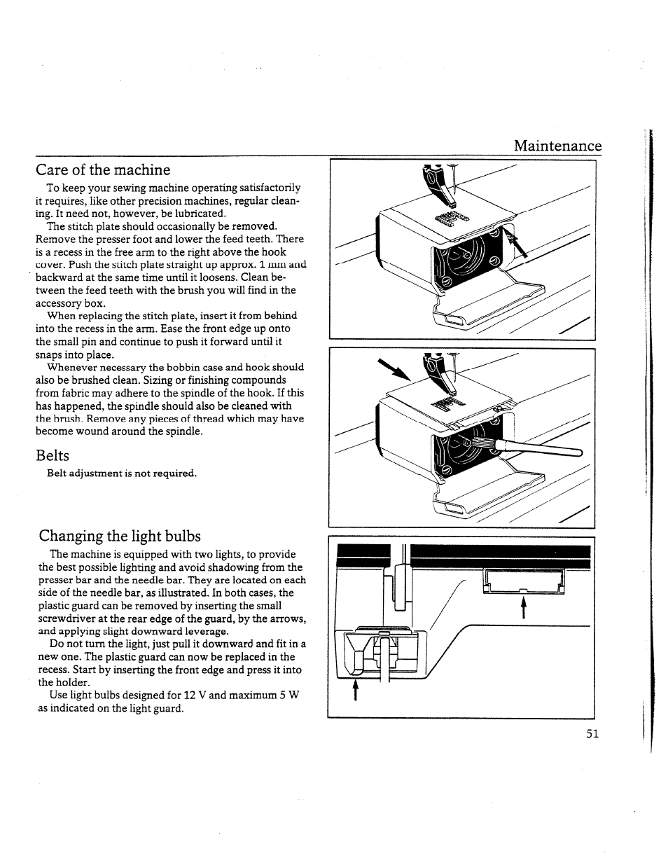 Саге of the machine, Belts, Changing the light bulbs | Maintenance | SINGER W8910 User Manual | Page 53 / 61