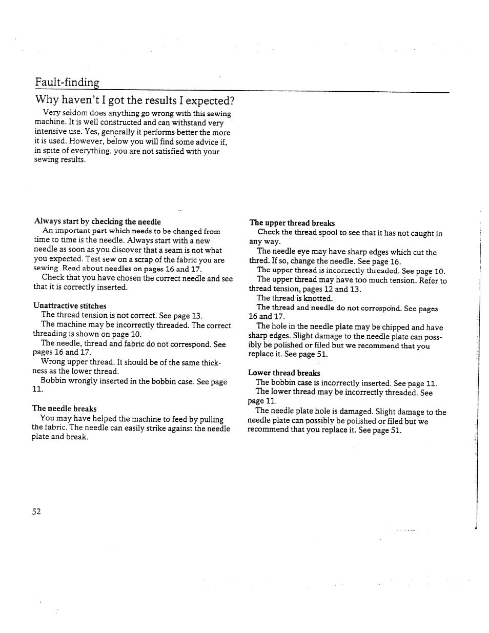 Why haven’t i got the results i expected, Fault-finding | SINGER W8910 User Manual | Page 54 / 61