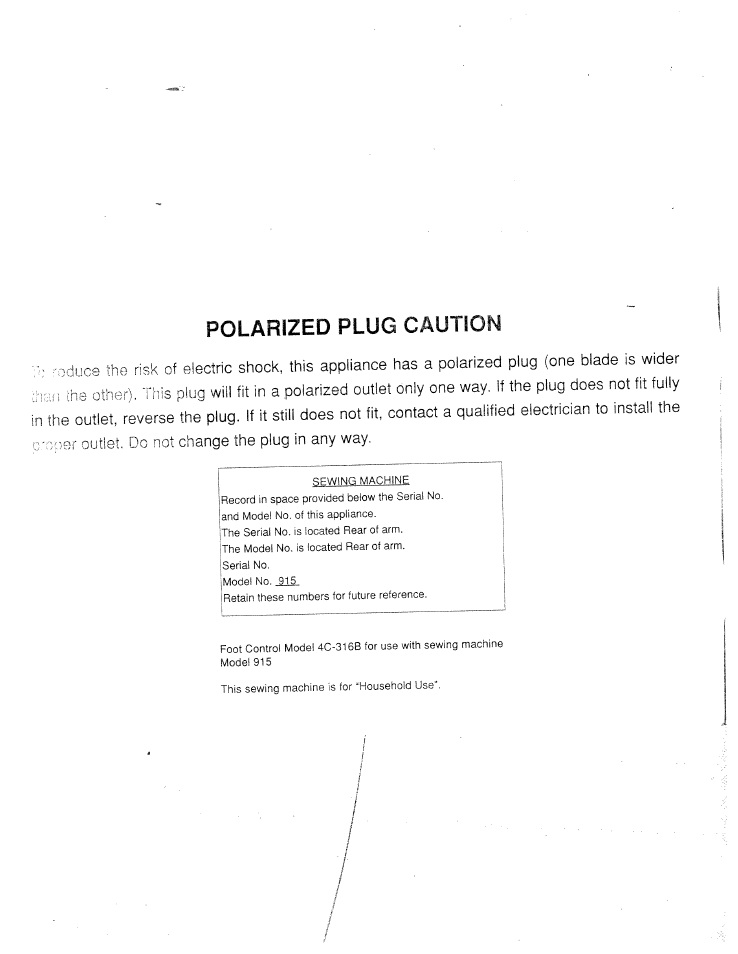 Plug in any way, Polarized plug caution | SINGER W915 User Manual | Page 2 / 61
