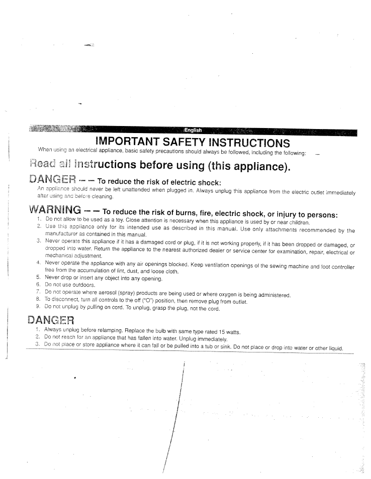 Head all, Important safety instructions, Instructions before using (this appliance) | Danger | SINGER W915 User Manual | Page 3 / 61