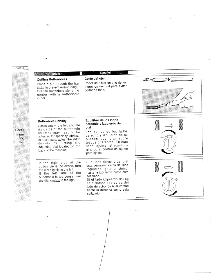 Cutting buttonholes, Corte del ojal, Buttonhole density | Equilibro de los lados derechio y izquierdo del | SINGER W915 User Manual | Page 43 / 61