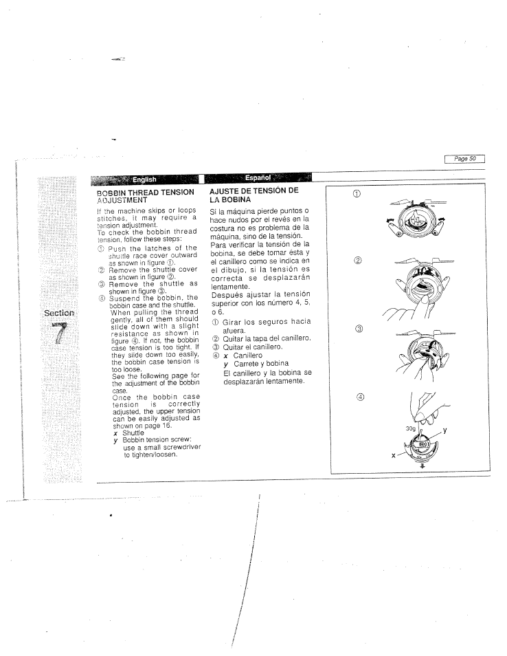 Bobbin thread tension, Ajuste de tensión de, La bobina | Adjusting thread tension | SINGER W915 User Manual | Page 58 / 61
