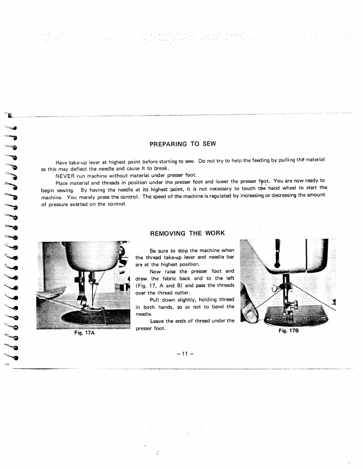 Preparing to sew, Removing the work | SINGER W951 User Manual | Page 12 / 44