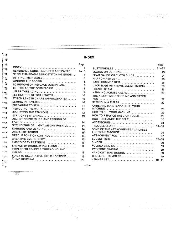 Index | SINGER W951 User Manual | Page 2 / 44