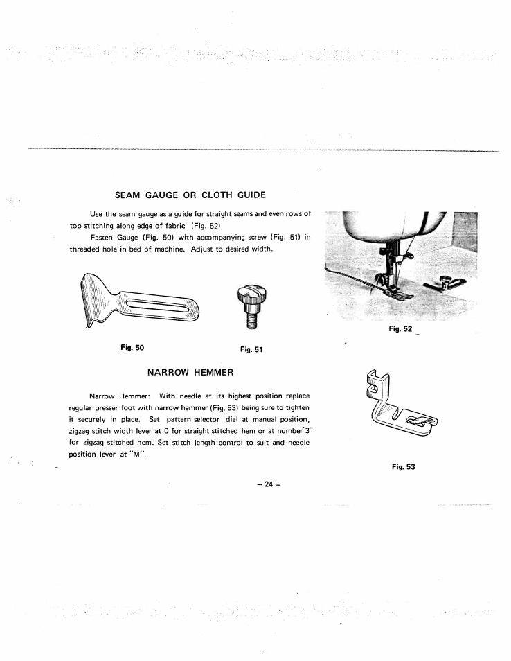 Seam gauge or cloth guide, Narrow hemmer, Seam gauge or cloth guide narrow hemmer | SINGER W951 User Manual | Page 25 / 44