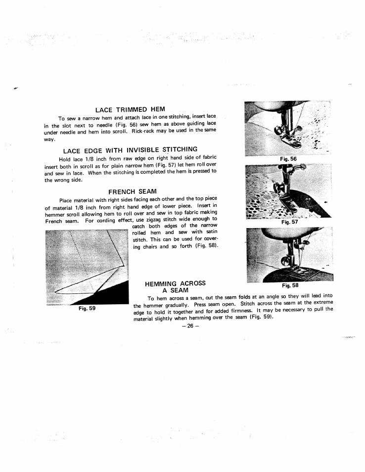 Lace trimmed hem, Lace edge with invisible stitching, French seam | Hemming across a seam | SINGER W951 User Manual | Page 27 / 44