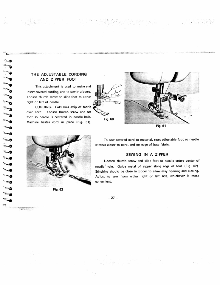 The adjustable cording and zipper foot, Sewing in a zipper | SINGER W951 User Manual | Page 28 / 44