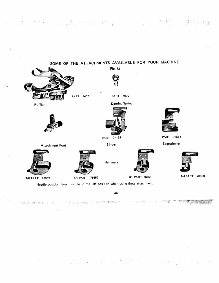 Some of the attachments available for your machine, Fig. 72 | SINGER W951 User Manual | Page 37 / 44