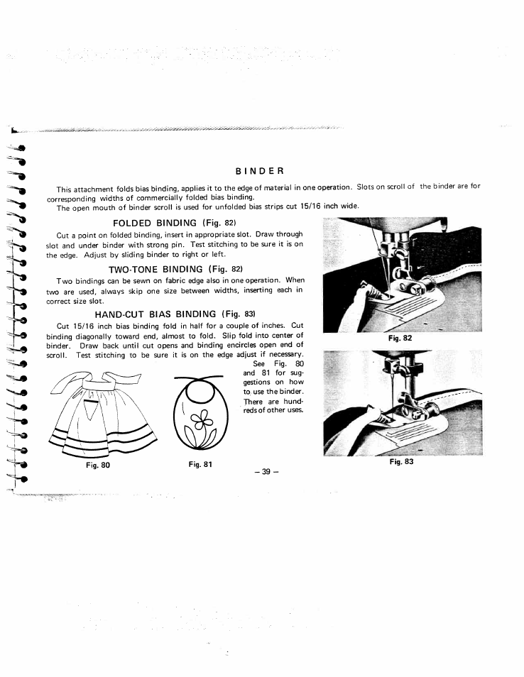 Binder, Folded binding (fig. 82), Two-tone binding (fig. 82) | Hand-cut bias binding (fig. 83), Hand-cut bias binding | SINGER W951 User Manual | Page 40 / 44