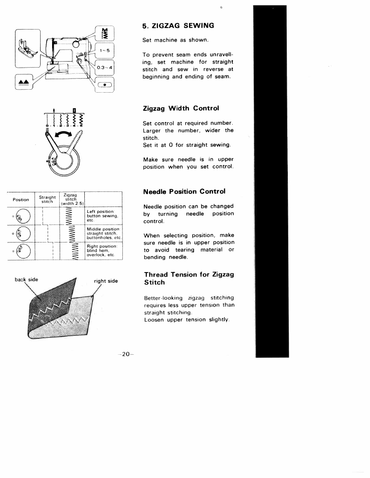 Zigzag sewing, Zigzag width control, Needle position control | Thread tension for zigzag stitch | SINGER W1010 User Manual | Page 23 / 46