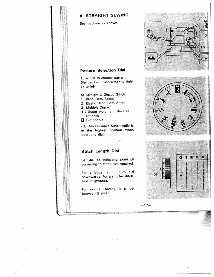 Straight sewing, Pattern selection dial, Stitch length dial | SINGER W1210 User Manual | Page 20 / 46