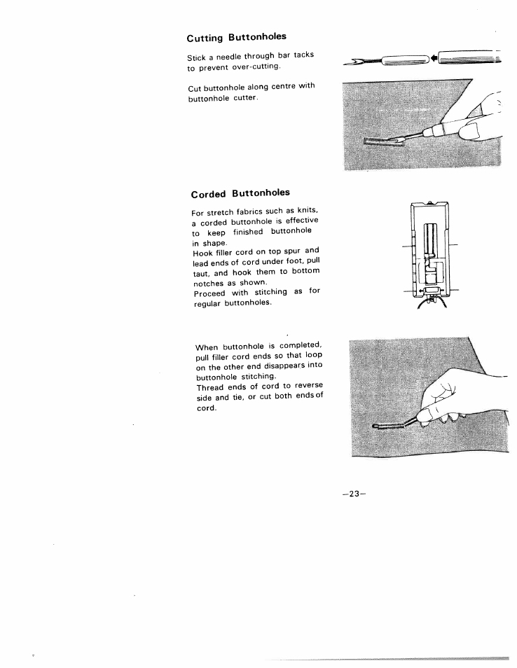 Cutting buttonholes, Corded buttonholes | SINGER W1210 User Manual | Page 26 / 46