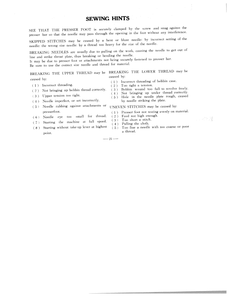 Sewing hints | SINGER WF111 User Manual | Page 22 / 34