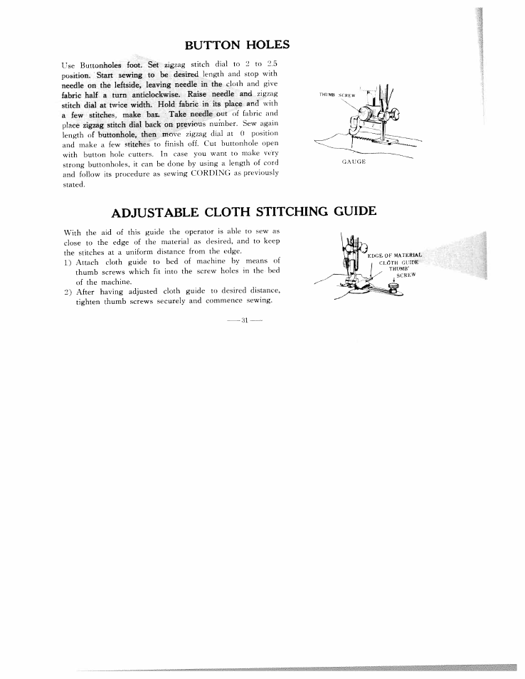 Button holes, Adjustable cloth stitching guide | SINGER WF111 User Manual | Page 32 / 34