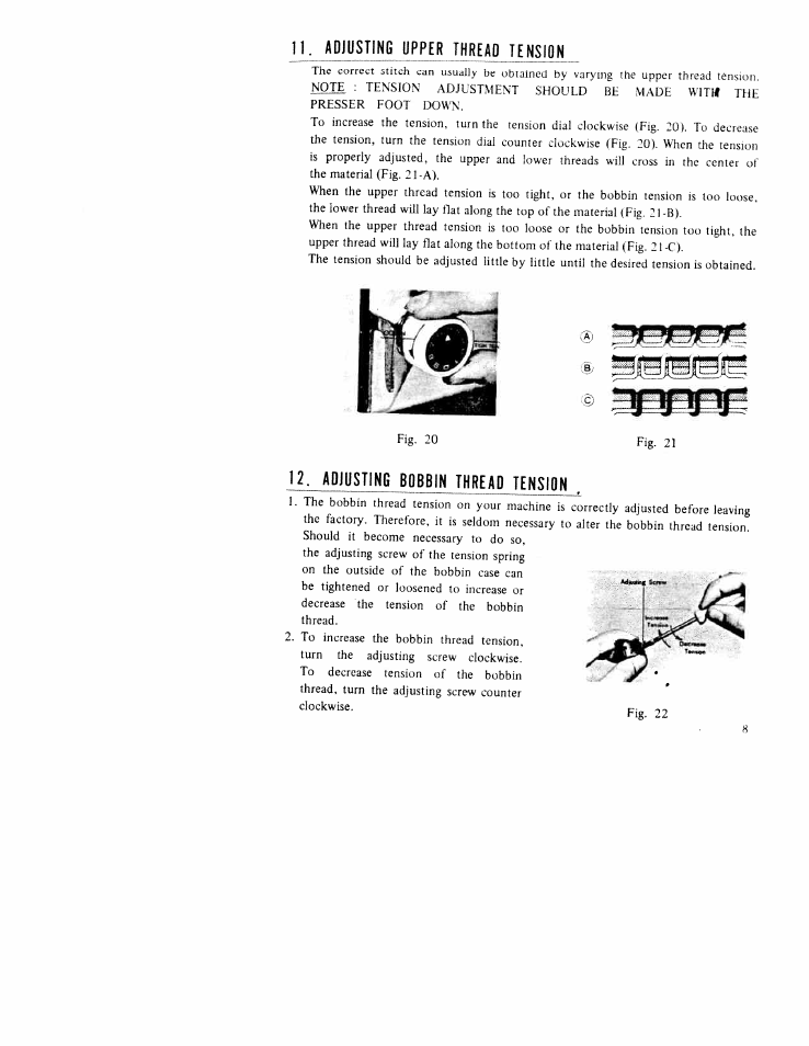 Adjusting bobbin thread tension, Ii. adiusting upper thbtad. . . . tension | SINGER WK-100 User Manual | Page 10 / 27