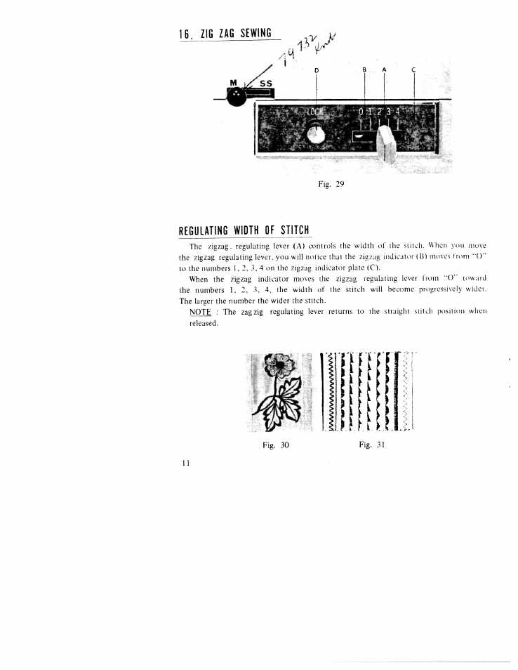 Zig zag sewing, Regulating width of stitch | SINGER WK-100 User Manual | Page 13 / 27
