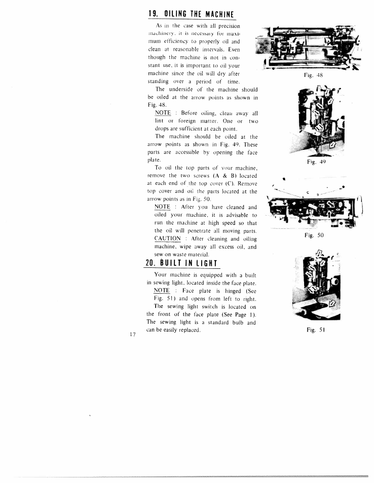Oiling the machine, Built in light | SINGER WK-100 User Manual | Page 19 / 27