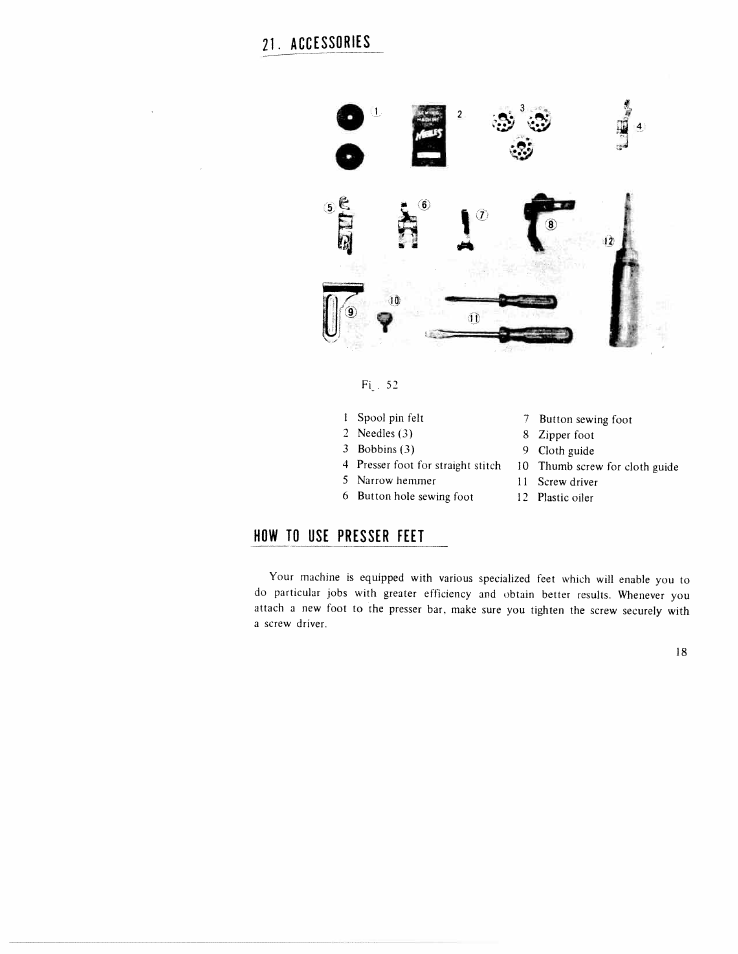 Accessories, 2 1 . accessories, Presser feet | SINGER WK-100 User Manual | Page 20 / 27