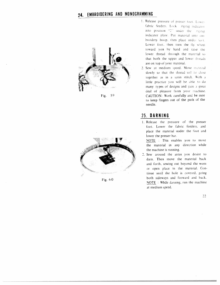 Embroidering and m0n0grammin6, Darning | SINGER WK-100 User Manual | Page 24 / 27