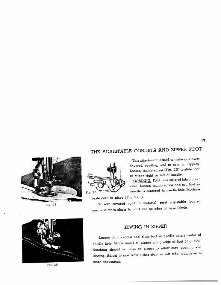 The adjustable cording and zipper foot, Sewing in zipper, 17 the adjustable cording and zipper foot | SINGER WS1112 User Manual | Page 18 / 28