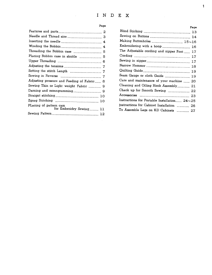 Index | SINGER WS1112 User Manual | Page 2 / 28