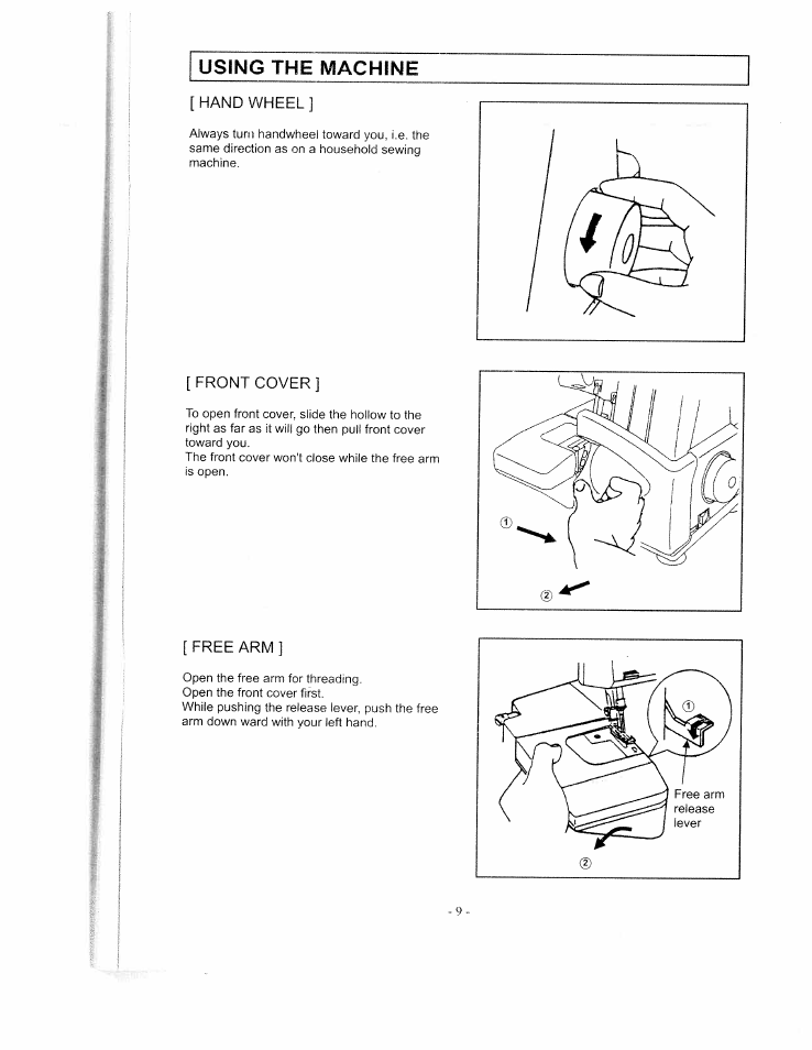 Hand wheel, Front cover, Free arm | Hand wheel front cover, Using the machine | SINGER WSL1634 User Manual | Page 11 / 30