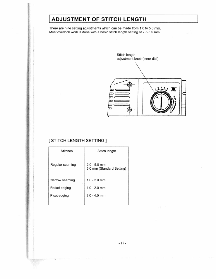 Adjustment of stitch length, Adjustment of stitich length | SINGER WSL1634 User Manual | Page 19 / 30