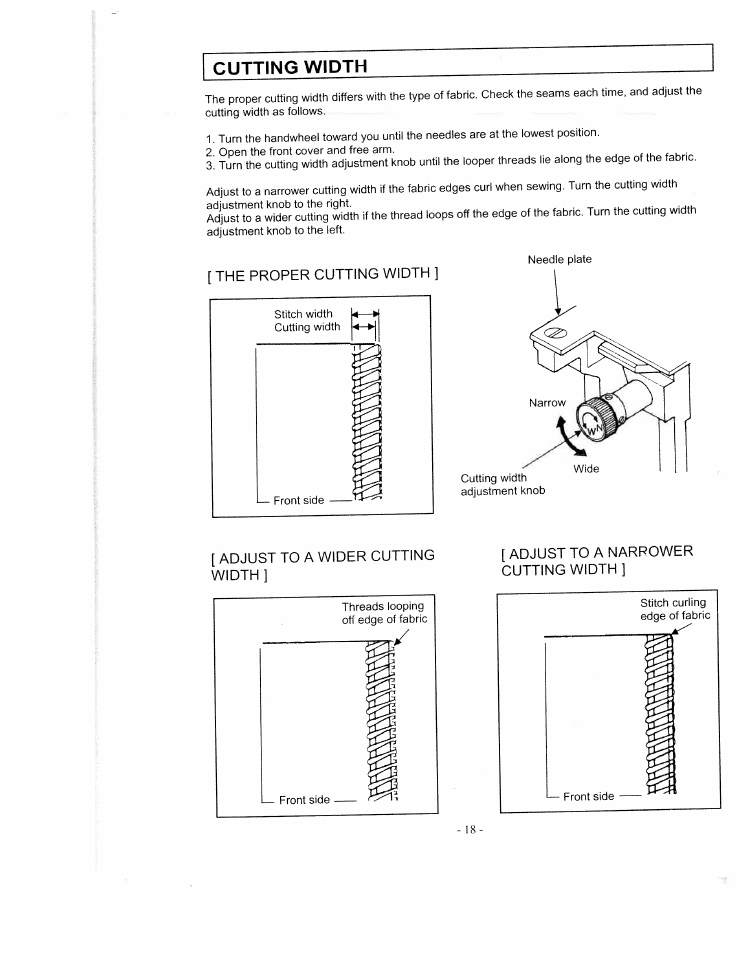 Cutting width, The proper cutting width, Adjust to a wider cutting width | Adjust to a narrower cutting width | SINGER WSL1634 User Manual | Page 20 / 30
