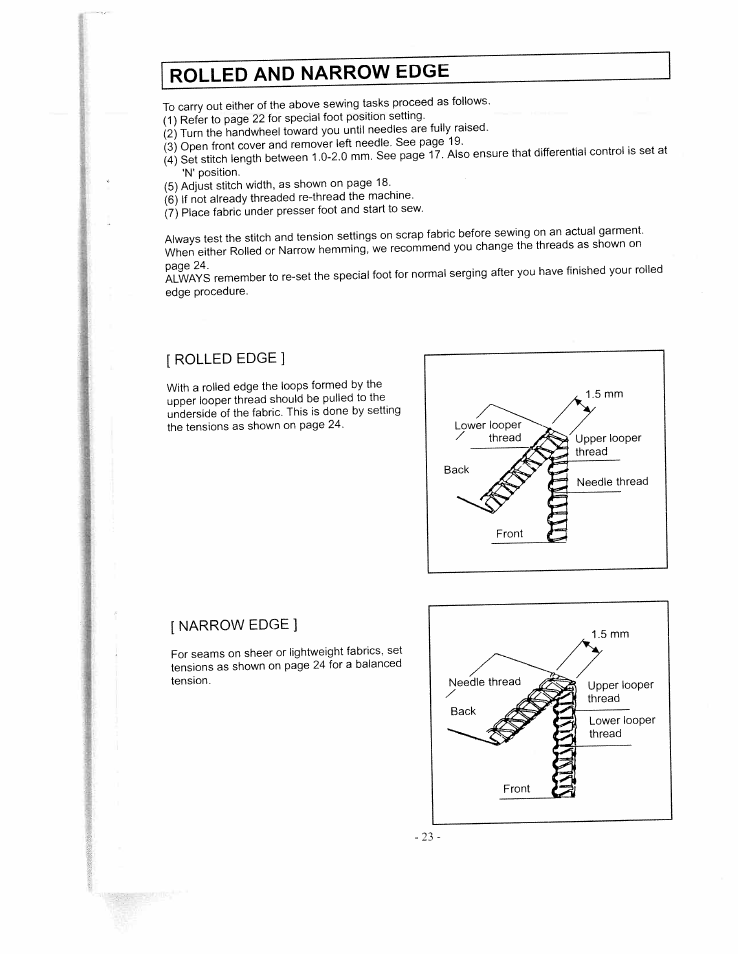 Rolled and narrow edge, Rolled edge, Narrow edge | Rolled and narrow edge -24 | SINGER WSL1634 User Manual | Page 25 / 30