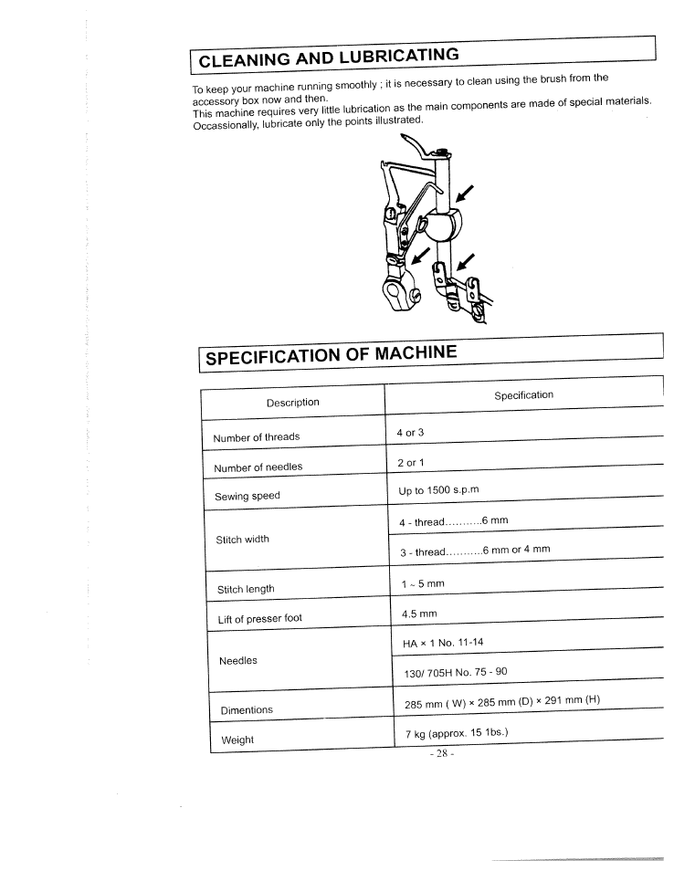Cleaning and lubricating, Specification of machine, Cleaning and lubricating specification of machine | SINGER WSL1634 User Manual | Page 30 / 30