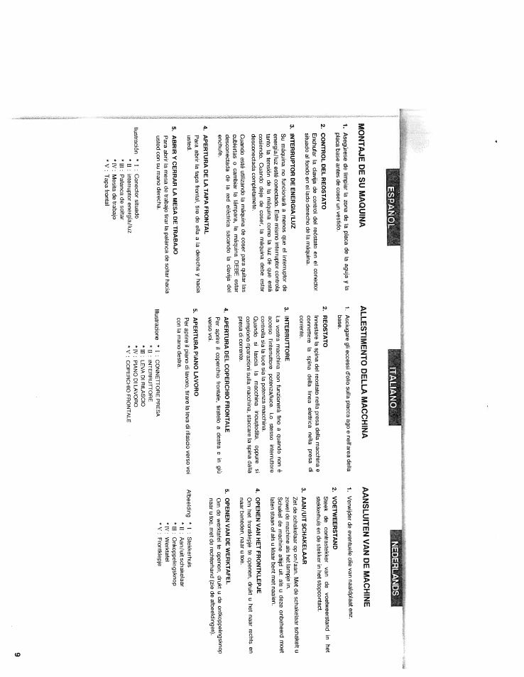 Montaje de su maquina, Allestimento della macchina, Aansluiten van de machine | Aansluiten van de machine • 9, Italiano | SINGER WSL2000 (Part 1) User Manual | Page 11 / 43