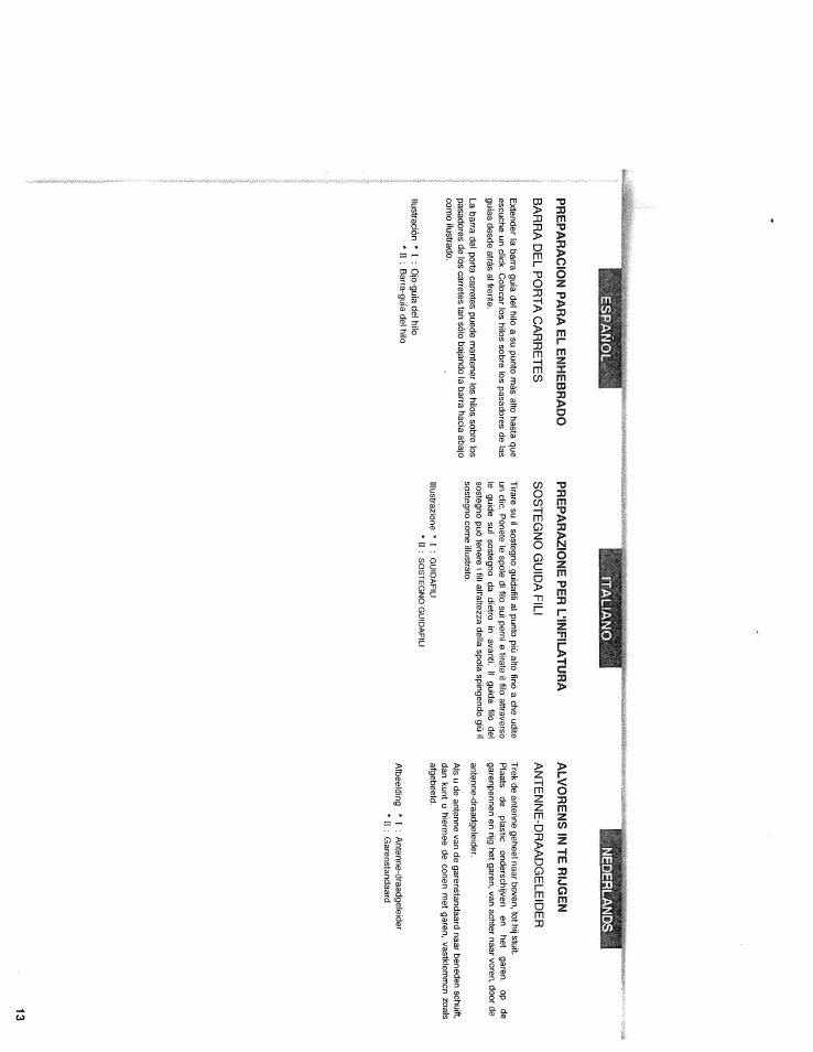 Español, Preparazione per l’infilatura sostegno guida fili, Alvorens in te rügen antenne-draadgeleider | SINGER WSL2000 (Part 1) User Manual | Page 15 / 43
