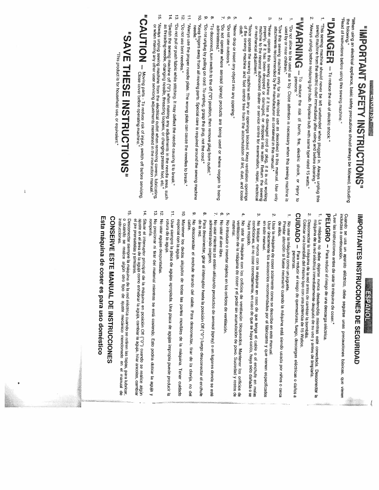 Important safety instructions, Danger, Warning | Caution, Save these instructions, Peeigro | SINGER WSL2000 (Part 1) User Manual | Page 2 / 43