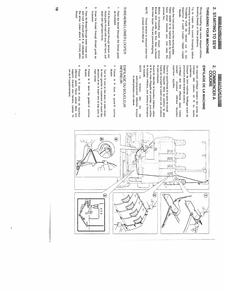 Starting to sew, Threading your machine, Threading lower looper | Enfilage de la machine, Enfilage du boucleur inferieur, Threading your machine 8 - 2 3, Commencera coudre | SINGER WSL2000 (Part 1) User Manual | Page 20 / 43