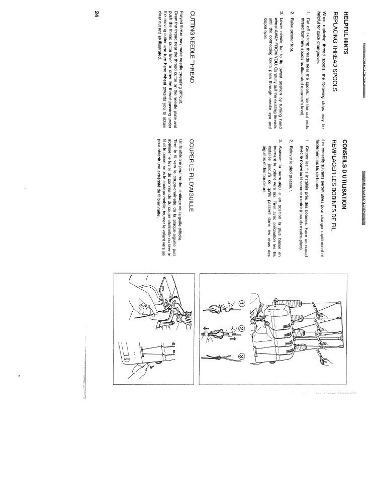 Helpful hints replacing thread spools, Cutting needle thread, Conseils d'utilisation | Remplacer les bobines de fil, Couper le fil d'aiguille | SINGER WSL2000 (Part 1) User Manual | Page 26 / 43