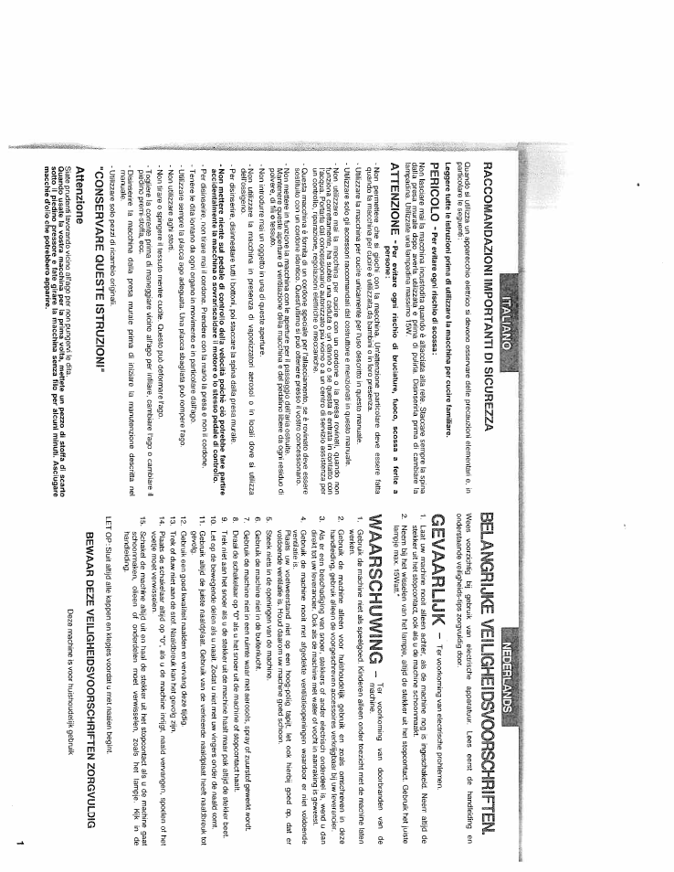 Raccomandazioni importanti di sicurezza, Bewaar deze veiligheidsvoorschriften zorgvuldig, Gevaarlijk | Waarschuwing, Belangrijke veiugheidsvoorxhriften | SINGER WSL2000 (Part 1) User Manual | Page 3 / 43